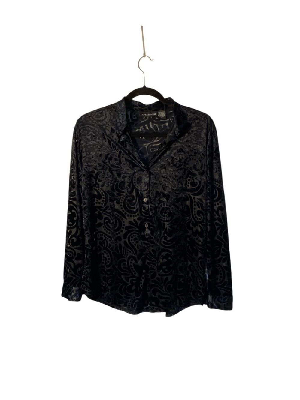 Impressions women’s black velvet burn out button up blouse whimsiGoth M